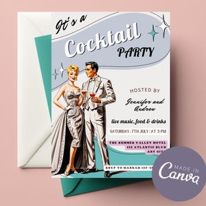 Retro Cocktail Party Invitation, Pin Up Style Party Cocktail Party Invitation, Editable Fifties Party Invite, Canva Template