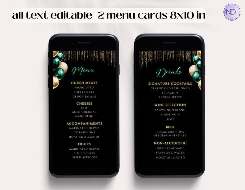 Emerald Green and Gold Menu Template, Elegant Dinner Party (digital ...