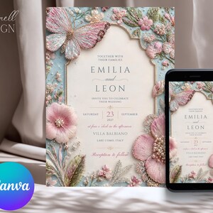 Premium high-quality editable butterfly wedding invitation featuring embroidered blush pink florals, delicate botanical details, pearl accents, and a soft powder blue background with an elegant gold arch frame. Luxury Canva template perfect for romantic, garden, spring, and elegant weddings.