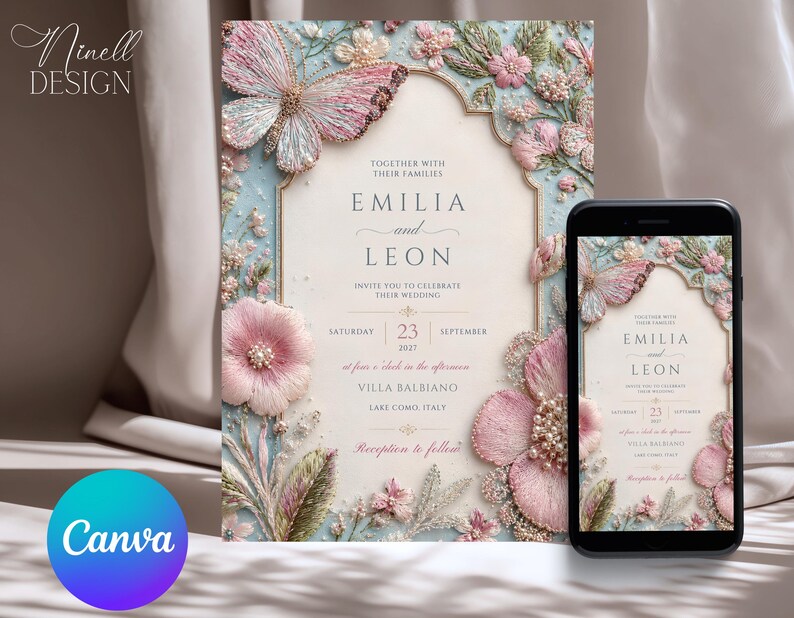 Premium high-quality editable butterfly wedding invitation featuring embroidered blush pink florals, delicate botanical details, pearl accents, and a soft powder blue background with an elegant gold arch frame. Luxury Canva template perfect for romantic, garden, spring, and elegant weddings.