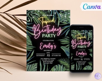 Modèle d’invitation d’anniversaire tropical modifiable Let’s Party Invite Invitation de fête d’anniversaire imprimable Hawaii Party Invite Palm Leaves Invite