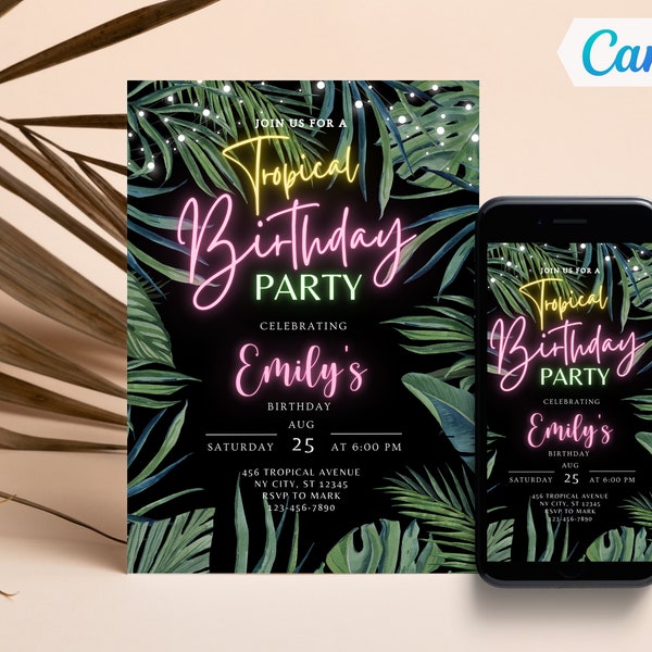 Modèle d’invitation d’anniversaire tropical modifiable Let’s Party Invite Invitation de fête d’anniversaire imprimable Hawaii Party Invite Palm Leaves Invite