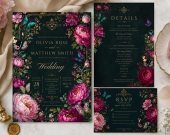Moody Botanical Wedding Invitation Suite | Dark Floral Peony Butterfly Canva Template (Digital Download)