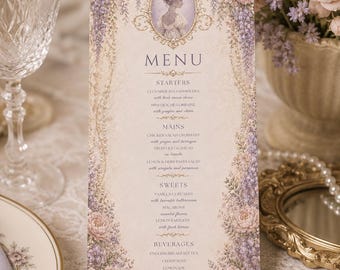 Bridal Shower Menu Template | Diamond of the Season Regency Menu Card | Lavender Floral Editable Canva Menu
