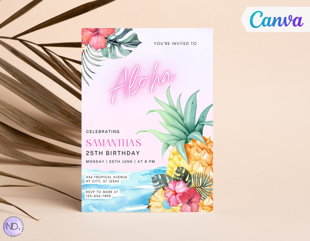 Aloha Birthday Invitation Template Tropical Luau Canva (digital