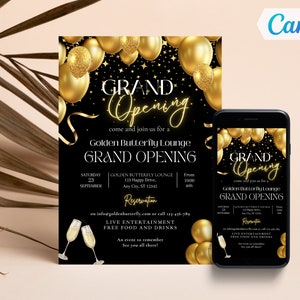 Bewerkbare gouden Grand Opening-uitnodiging, uitnodiging voor zakelijke opening, digitale uitnodiging lanceringsfeest, kaart met details, canvassjabloon, gouden ballonnen