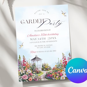 Plantilla de invitación para fiesta en el jardín, invitación digital editable con acuarela de flores silvestres de colores, invitación imprimible para jardín de primavera, plantilla de Canva