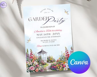 Watercolor Wildflower Garden Party Invitation, Editable Canva Template (Digital Download)