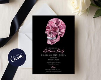 May include: A black Halloween party invitation with a pink disco ball skull design. The invitation includes the text "Join us for a Halloween Party" and event details. The design has a modern aesthetic.