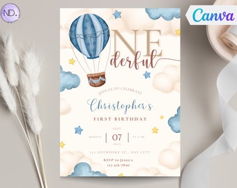 First Birthday Invitation, Blue Onederful Birthday Party Invite, Boy 1st Birthday Digital Invite, Print or Text