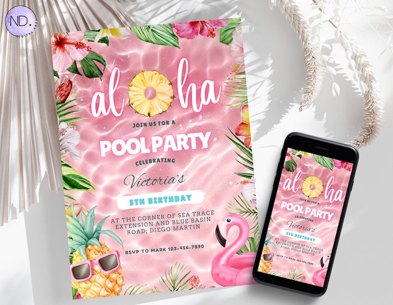 Editable Aloha Pool Party Invitation, Hawaiian Birthday Invite ...