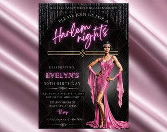 Fuchsiafärgad Harlem Nights-inbjudan, Roaring 20s Art Deco, Canva-mall (digital nedladdning)