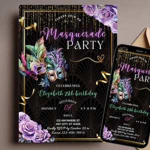 Bearbeitbare Maskerade-Partyeinladung, Luxus-Geburtstagseinladung, Druck oder Text