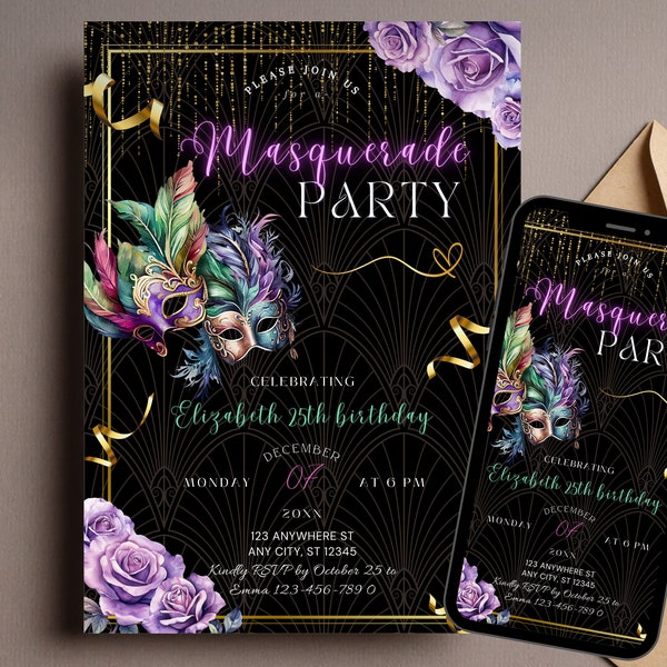 Editable Masquerade Party Invitation, Luxury Birthday Invite, Print or Text