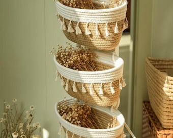 Handgewebter 3 Tier Blumenampel, Boho Wand-Aufbewahrungs-Organizer mit Quasten