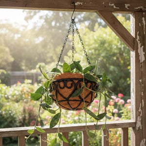 May include: A hanging basket with a black metal frame and a brown coconut fiber liner. The basket is filled with green leafy plants and suspended by a black chain. The background shows a wooden porch and a garden.