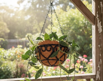 Maceta colgante de coco con cadena de hierro y decoración bohemia para jardín.