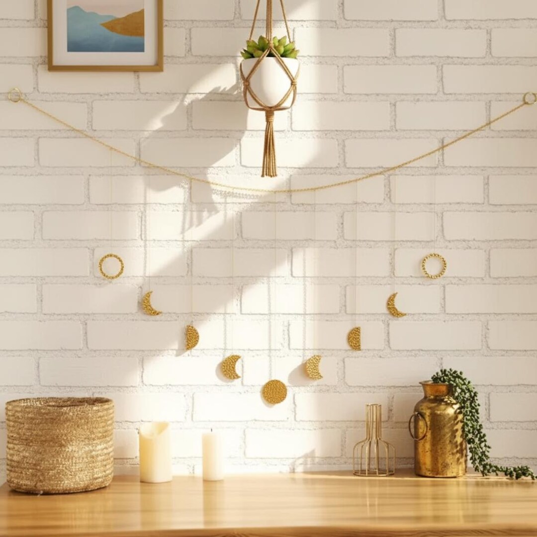 Gold Moon Phase Metal Hanging, Boho Celestial Garland, Bedroom Living ...