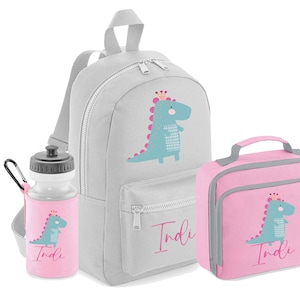 PERSONNALISÉ : votre nom mini sac à dos sac à dos, boîte à lunch et bouteille d'eau ensemble scolaire gym pe sac de crèche fille dinosaure - gris rose