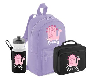 PERSONALISED:  your name mini backpack back pack, lunch bag box & water bottle school set gym pe nursery bag girl dinosaur  - lavender black