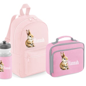 PERSONNALISÉ : votre nom mini sac à dos sac à dos, boîte à lunch et bouteille d'eau ensemble scolaire sac de gym pe pépinière lapin lapin votre nom - rose