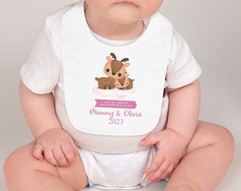 PERSONALISED:  Our first 1st Mother&#39;s Day printed bib - pink deer design