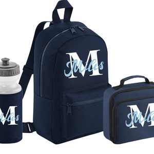 PERSONNALISÉ : votre nom, initiale mini sac à dos sac à dos, boîte à lunch et bouteille d'eau ensemble scolaire gym pe pépinière - bleu marine