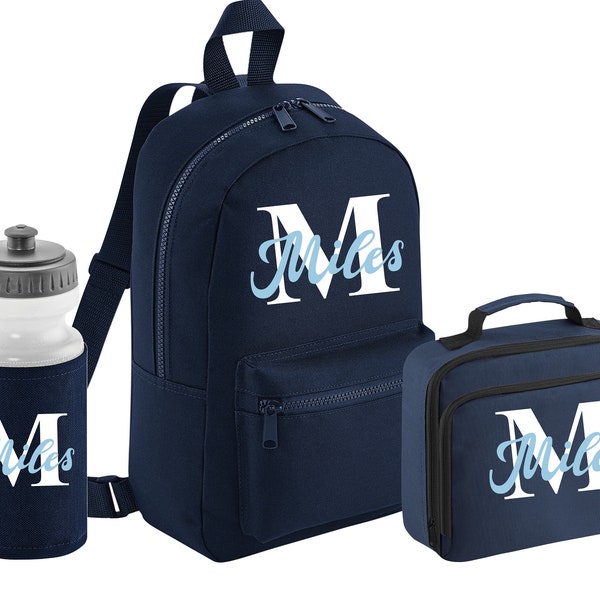 PERSONALISED:  your name, initial mini backpack back pack, lunch bag box and water bottle school set gym pe nursery bag - navy