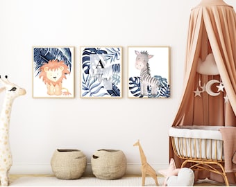 PERSONALISED:  Set of 3 three nursery kids room wall art prints framed unframed a4 safari, jungle, initial is for name, lion, zebra