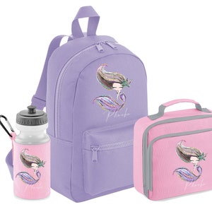 PERSONNALISÉ: votre nom mini sac à dos sac à dos, boîte à lunch et bouteille d'eau ensemble scolaire gym pe pépinière sirène votre nom - rose