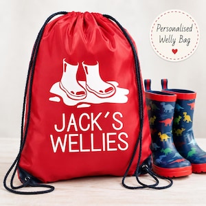 Personalised Welly Boot Bag for Kids, Named Drawstring Nursery Bag, Forest School Wellies and Waterproofs Sack