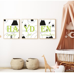 PERSONNALISÉ: Ensemble de 3 trois planches d’enfants de chambre d’enfants impressions d’art murale encadrées non encadrées a4 votre nom - prêt pour l’aventure, carte style camping