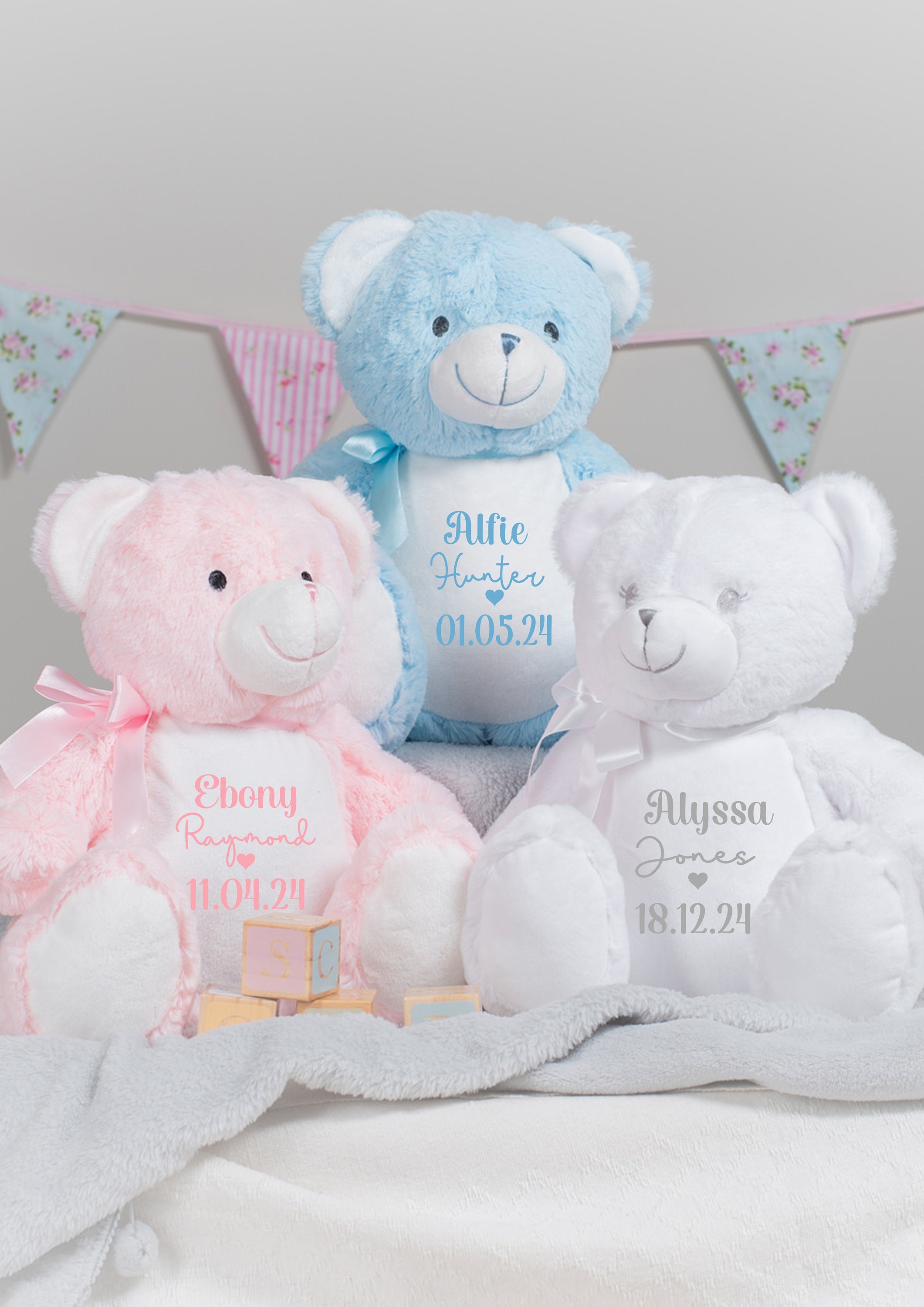 PERSONALISED: New baby 1st first bear soft toy teddy stuffed toy full  name and DOB date of birth- Birth announcement pink, blue, grey