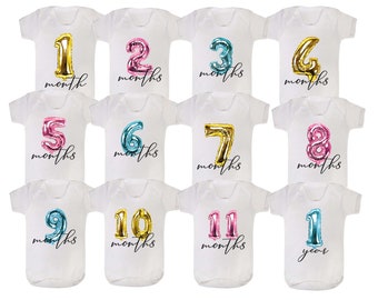 Juego de 12- UNO 1 mes a uno chaleco de bebé con estampado de 1 año bodysuit set set pack regalo baby shower nuevo bebé - globos de papel de aluminio imprimir hito