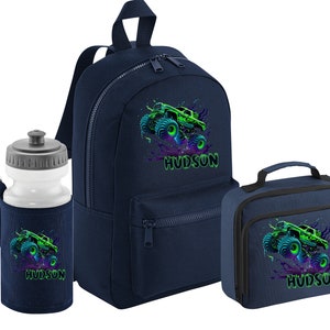 PERSONNALISÉ : votre nom, mini sac à dos Monster Truck, boîte de sac à lunch et ensemble scolaire de bouteille d'eau Gym pe sac de chambre d'enfant - bleu marine