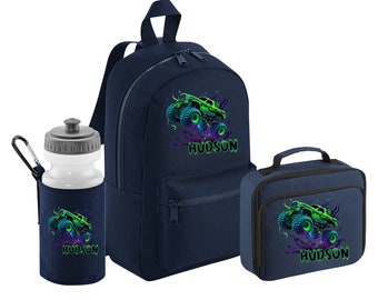 PERSONALISIERT: Name, Monstertruck Mini-Rucksack Rucksack, Lunchbag Box und Wasserflasche Schule Turnbeutel Kindergartentasche - Navy
