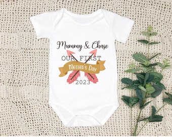 PERSONALISED:  Our 1st first Mother&#39;s Day kids baby vest, bodysuit - boho arrow feather design