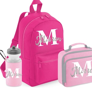 PERSONNALISÉ : PAILLETTES votre nom, mini sac à dos initial, sac à lunch et bouteille d'eau pour l'école, sac de gym pe pépinière - rose