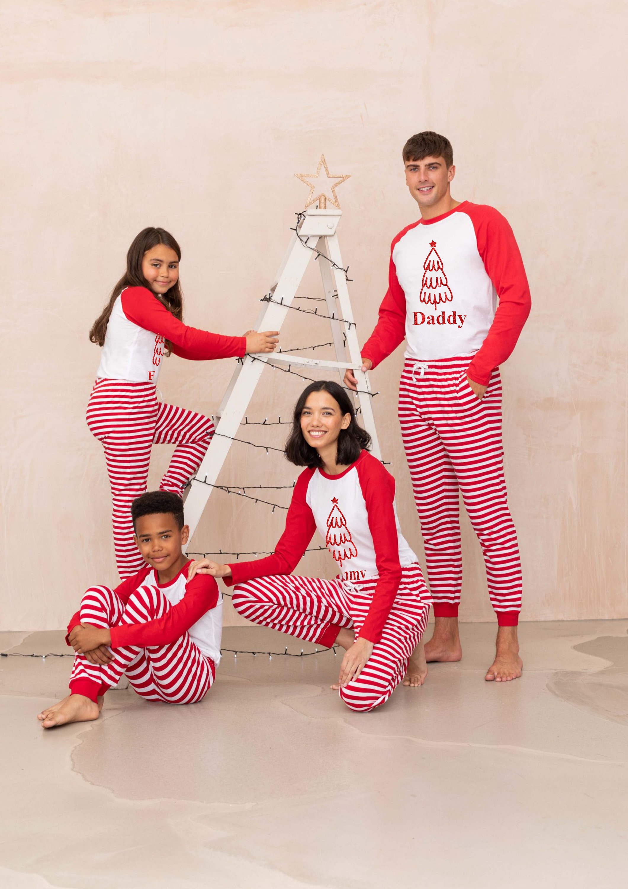 Personalised family matching xmas pjs pyjamas festive -  your name GLITTER tree design - red stripes, long sleeves, your name