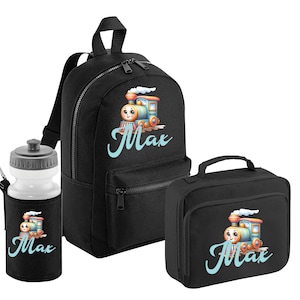 PERSONALISIERT: Name, niedlicher Zug Mini Rucksack Rucksack, Lunchbag Box und Wasserflasche Schule Turnbeutel Kindergartentasche - schwarz