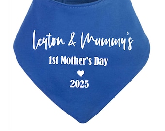 PERSONALISED:  Our first 1st Mother&#39;s Day printed bandana style bib - your names and year - royal blue