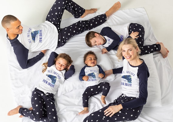 Personalised Family Matching Xmas Pjs Pyjamas Festive Your Name All Aboard Polar Express Navy Stars Long Sleeves Your Name Etsy Canada