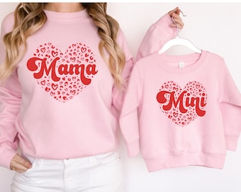 Personalised: Mama and Mini matching pink sweaters sweatshirts jumpers - mother&#39;s day gift - kids and adult sizes - leopard print hearts