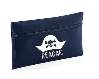 PERSONALISED:  your name pencil case school set gym pe nursery - pirate hat skull crossbones jolly roger