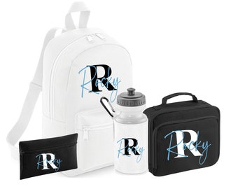 PERSONALISED:  your name initial mini backpack back pack  lunch bag box pencil case water bottle school set gym pe nursery - blue print