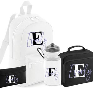 PERSONNALISÉ : votre nom initial mini sac à dos sac à dos sac à lunch boîte à crayons trousse d'école bouteille d'eau gym pe crèche - imprimé lilas