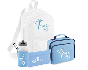 PERSONALIZADO: nombre mini mochila mochila bolsa de almuerzo caja estuche y botella de agua conjunto escolar gimnasio pe bolsa de guardería fútbol - estampado azul