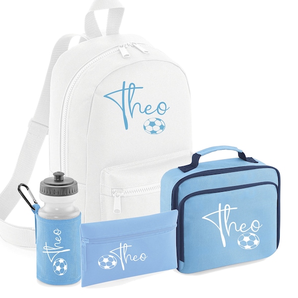 PERSONALISED:  name mini backpack back pack  lunch bag box pencil case and water bottle school set gym pe nursery bag football - blue print