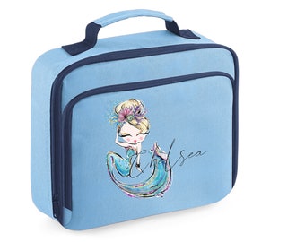 PERSONALISED:  your  name  lunch bag box school nursery bag - mermaid (blue style)