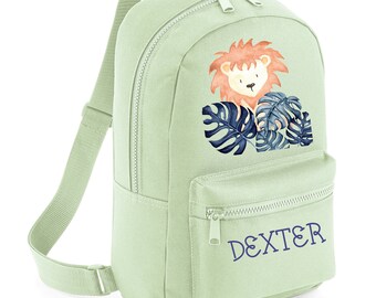 PERSONALISED:  your name mini backpack back pack school set gym pe nursery bag - lion jungle safari wild - 10 colours